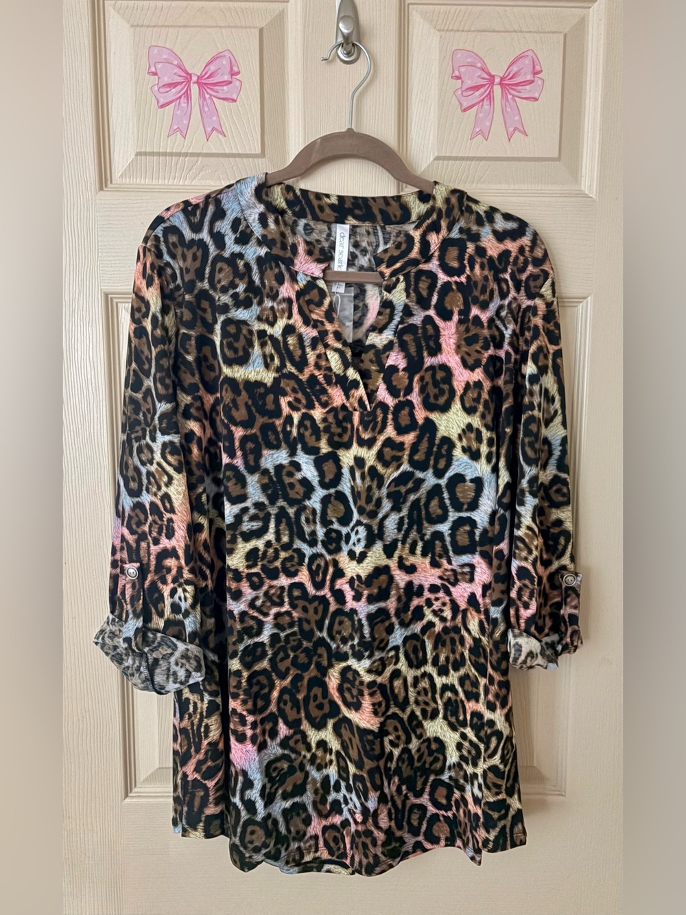 Dear Scarlett Blouse Lizzy Top Cheetah Women’s XL Tunic Easy Slub Roll Tab NWT
